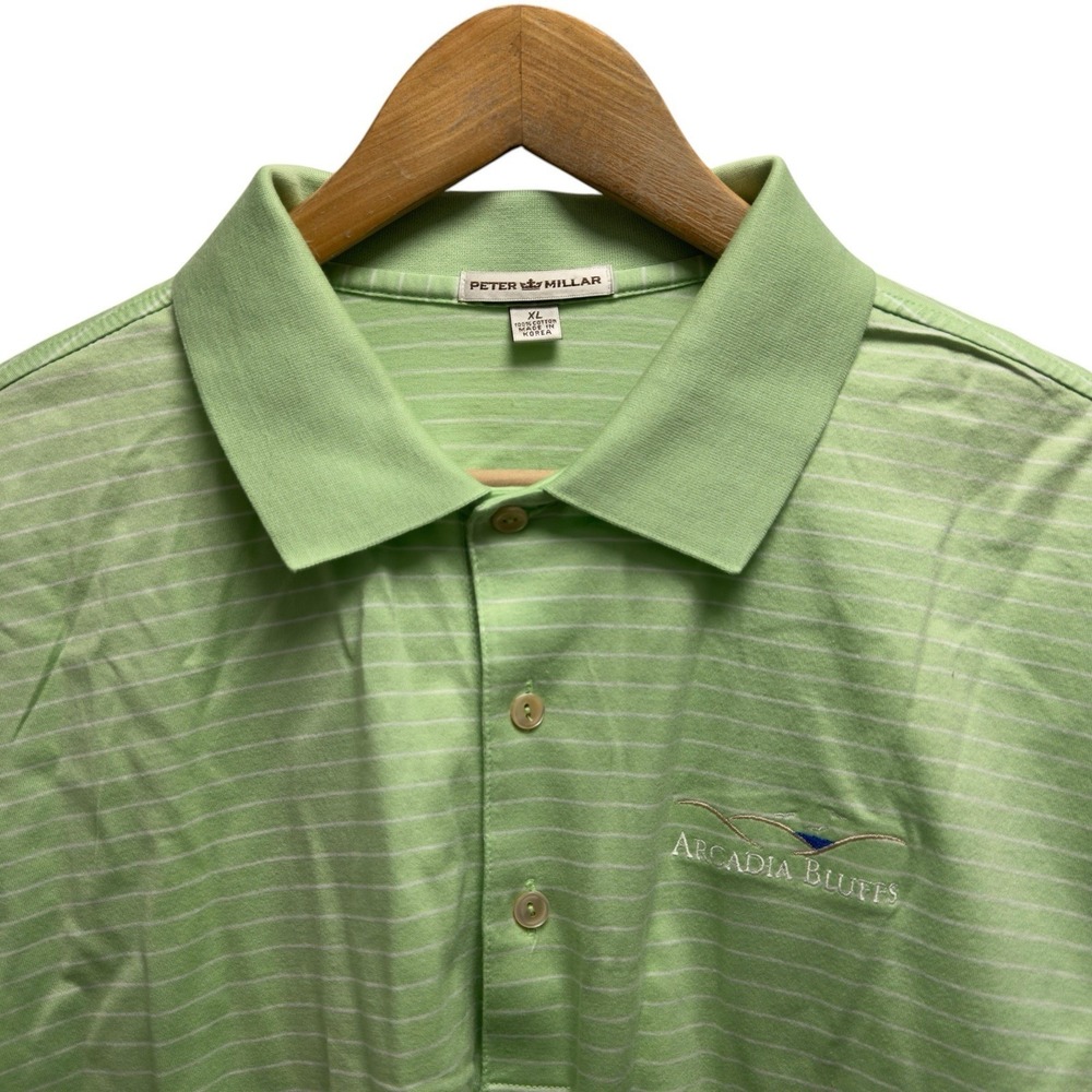 Peter Millar Men's XL Green/White Striped Arcadia Bluffs Cotton Golf Polo Shirt